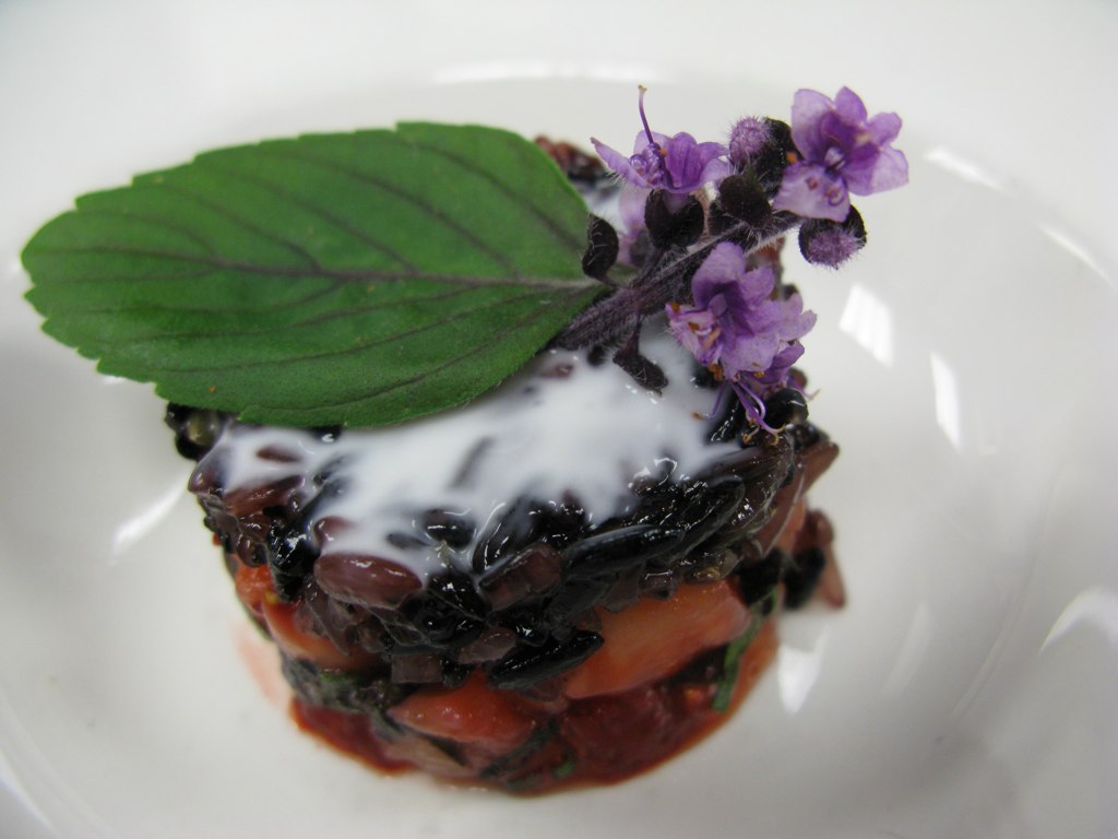 Strawberry and African Blue Basil Stack with Black Sticky Rice - paired with Dupont Saison