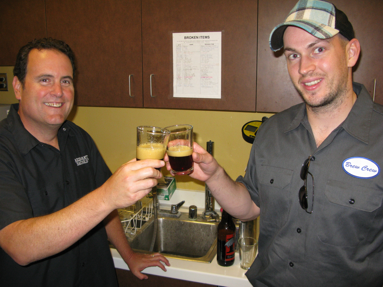 Mitch and James tasting two versions of the beer when James was in town on June 12th. They decided to go ahead with a second dry-hopping with Sorachi Ace hops.