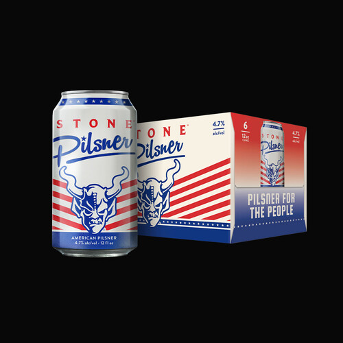 Stone Pilsner can and six-pack