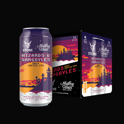 Modern Times / Stone Wizards & Gargoyles Hazy Coffee IPA can and four-pack
