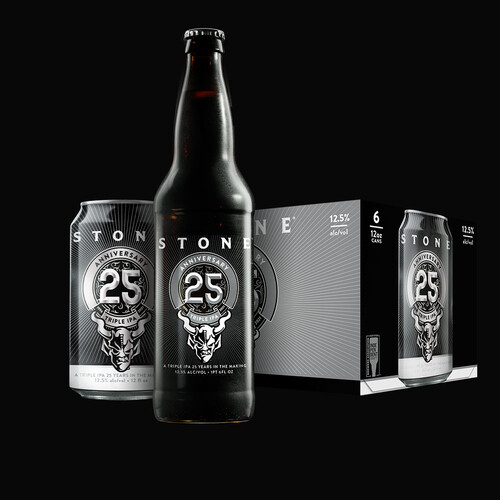 Stone 25th Anniversary Triple IPA can, bottle and six-pack