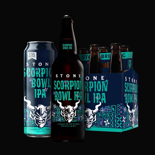 Stone Scorpion Bowl IPA can, bottle and six-pack