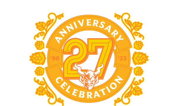 Stone 27th Anniversary Celebration badge surrounded by hops