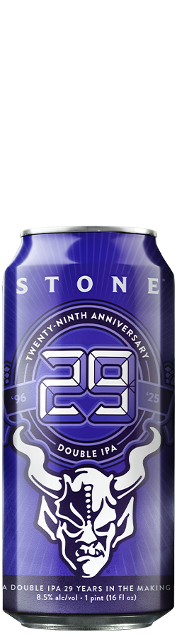Stone Brewing 29th Anniversary Double IPA in purple 16oz can with gargoyle logo