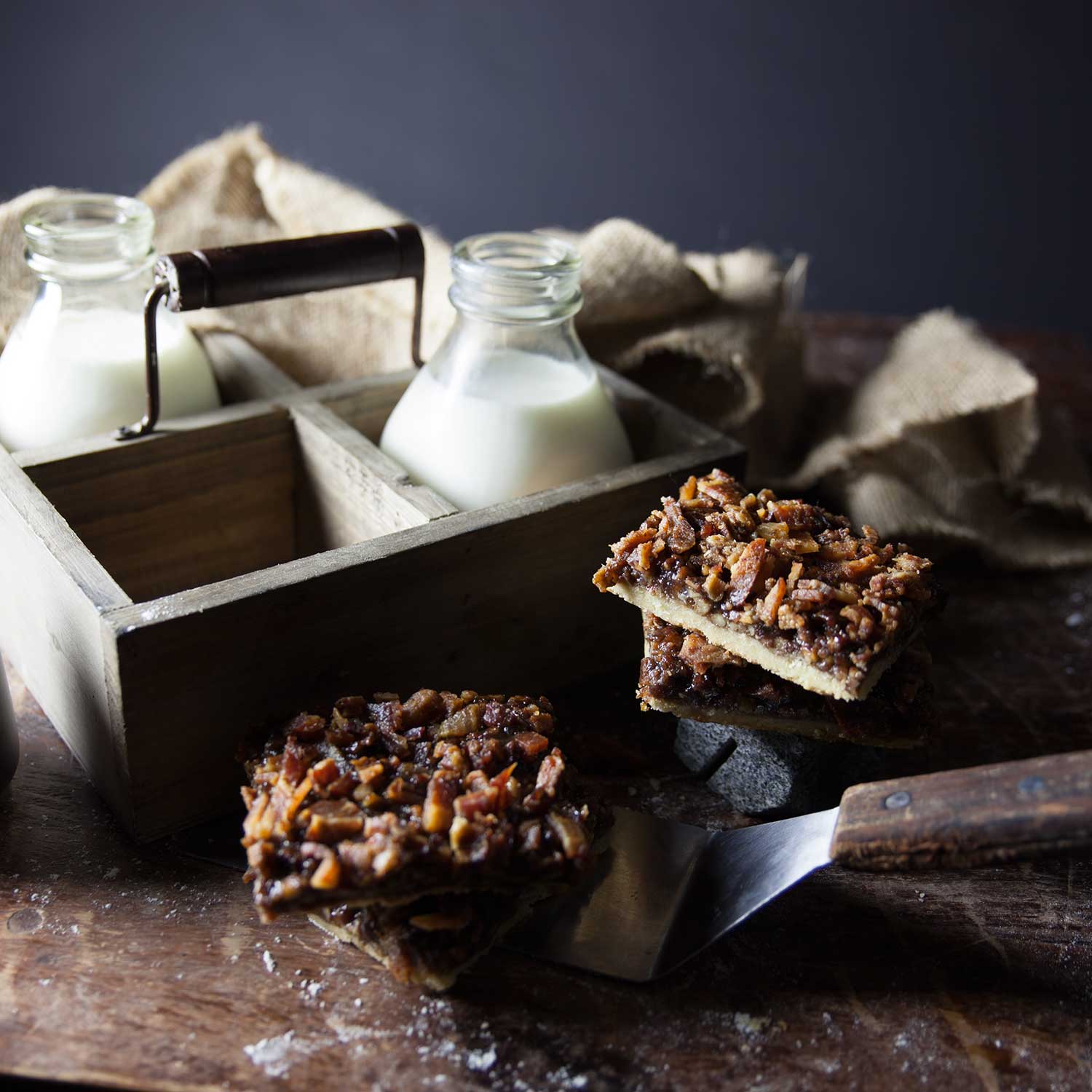 bacon maple walnut bars and glass of milk