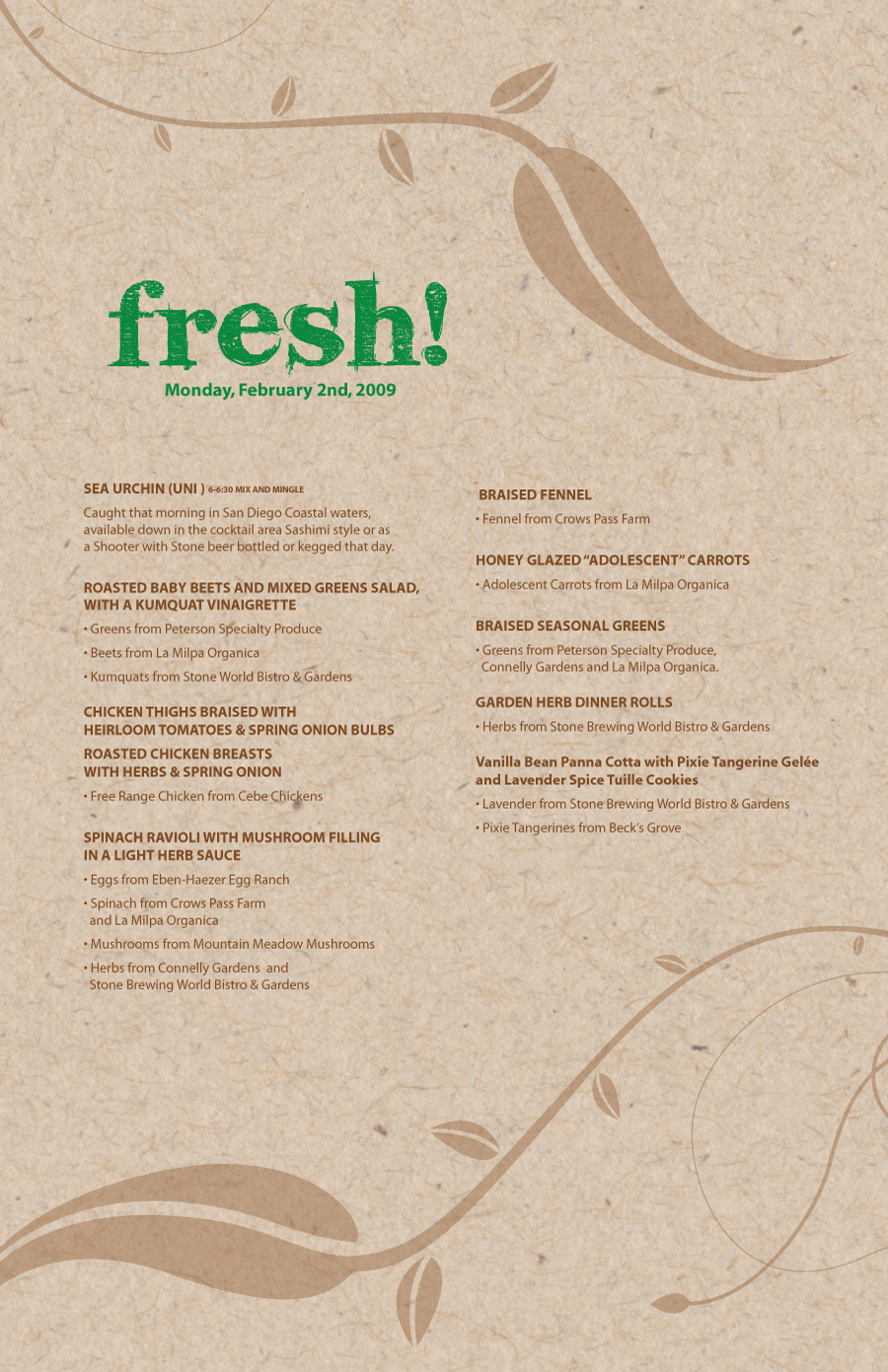 Monday's FRESH! Dinner Menu