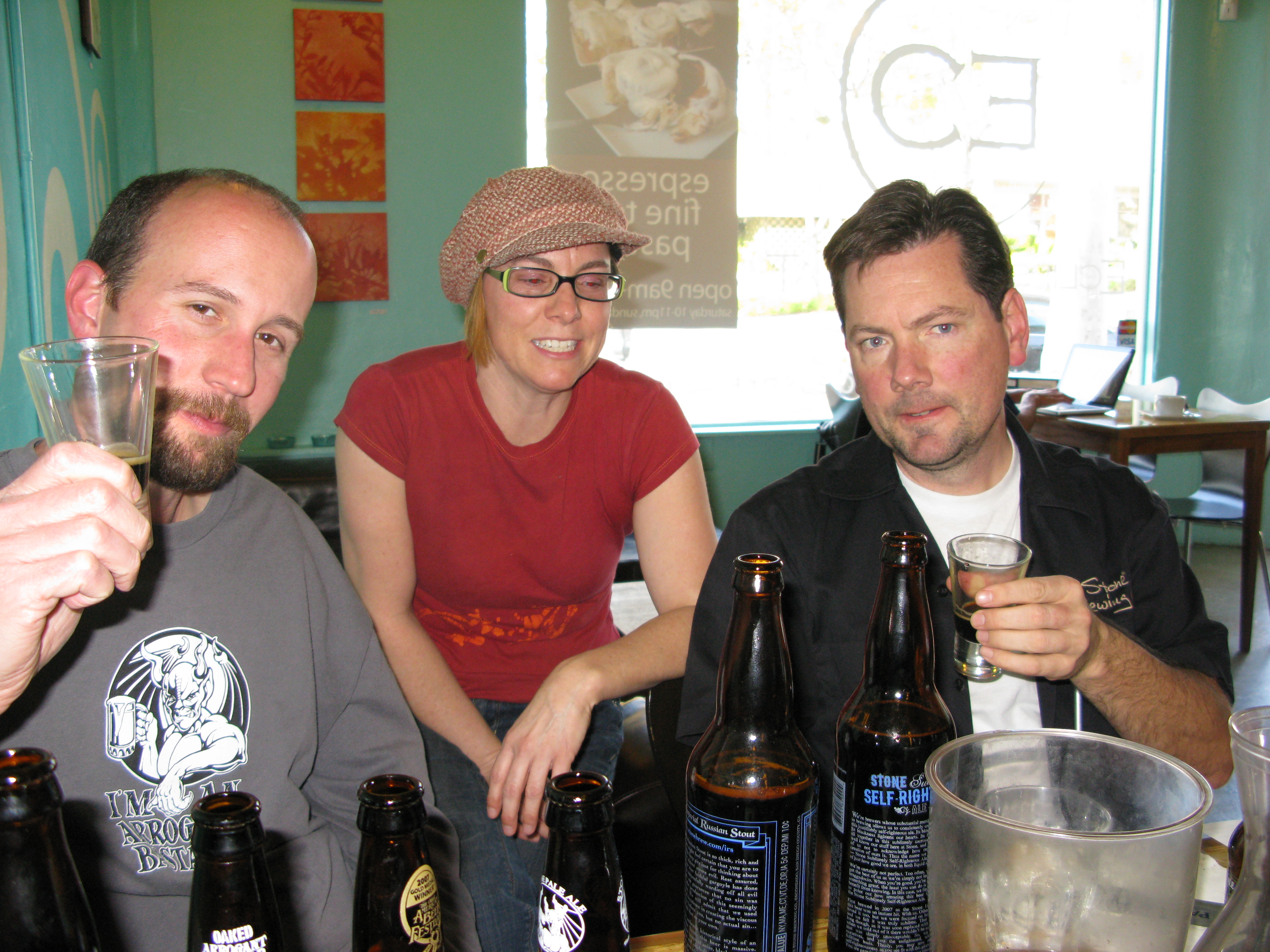 Stone Brewer Jeremy Moynier (left), Tour Guide Kathryn Bouscaren, and Beer & Chocolate Host Ken Wright (right) hard at work 