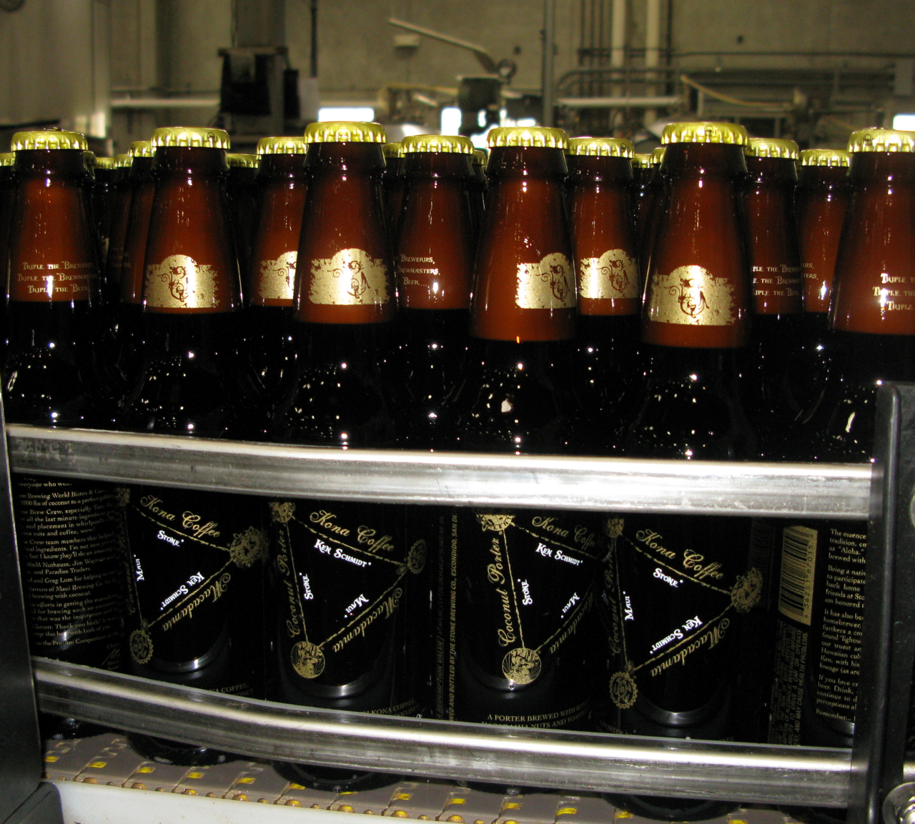 Bottles of Ken Schmidt/Maui/Stone Kona Coffee, Macadamia, Coconut Porter on the bottling line