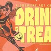 A brewery art crawl: Drink & Treat. Retro cartoon illustration of a horned she-devil with bat wings, raising a goblet of beer and carrying a jack-o’-lantern candy pail.