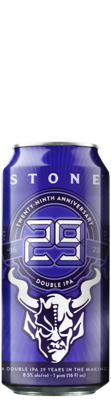 Stone Brewing 29th Anniversary Double IPA in purple 16oz can with gargoyle logo