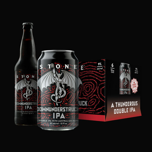 Stone Downunderstruck IPA can, bottle and six-pack
