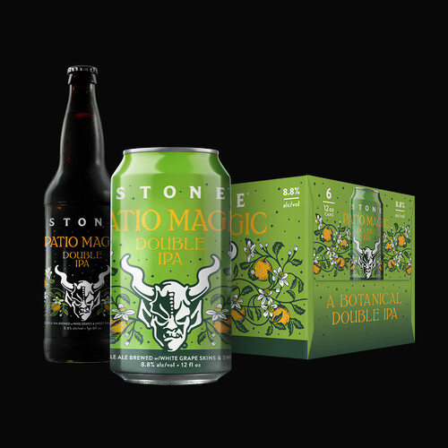 A bottle, can and six-pack of Stone Patio Magic Double IPA, inspired by a classic patio cocktail