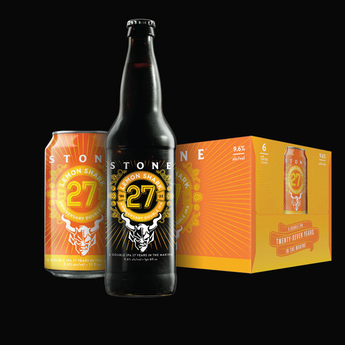 can, bottle and six-pack of Stone 27th Anniversary Lemon Shark Double IPA