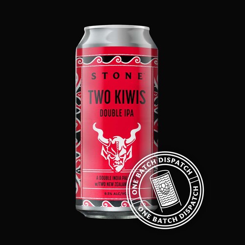 Can of Stone Two Kiwis Double IPA and the One Batch Dispatch stamp
