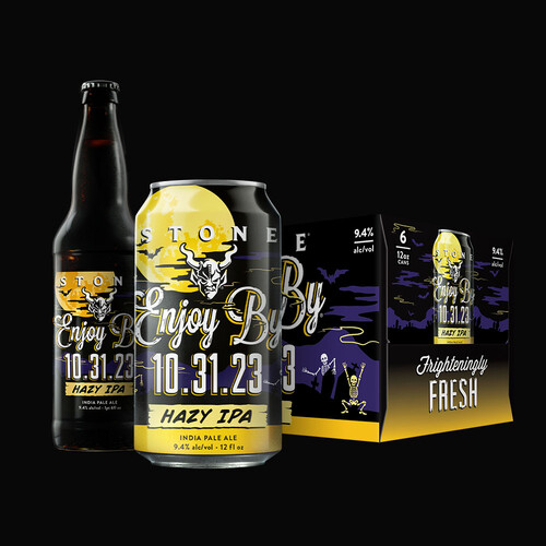 can, bottle and six-pack of Stone Enjoy By 10.31.23 Hazy IPA beer