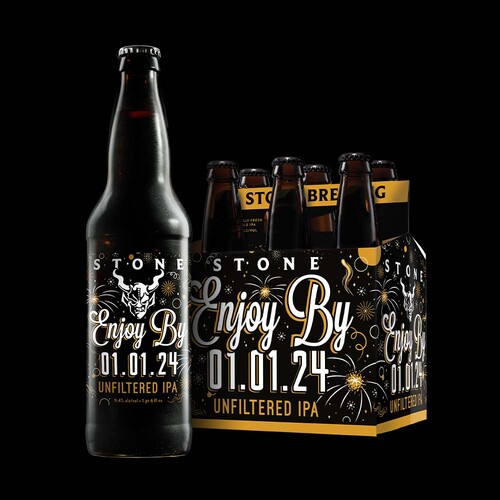 Stone Enjoy By 02.14.16 Unfiltered IPA bottle and six-pack