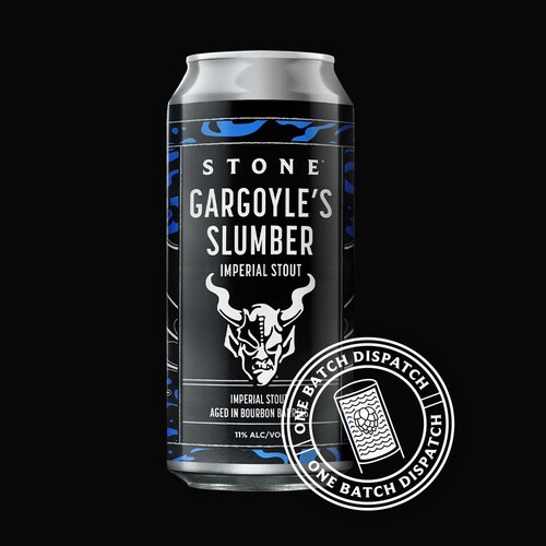 Stone Gargoyle's Slumber Imperial Stout can and one batch dispatch beer series logo