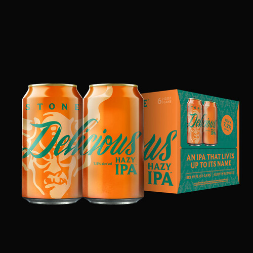 two cans and six-pack of stone delicious hazy ipa