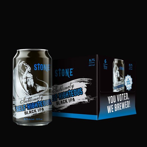 can and six-pack of Stone sublimely self-righteous black IPA