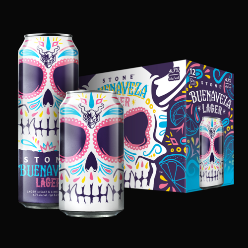 cans and 12-pack of Stone Buenaveza Lager beer