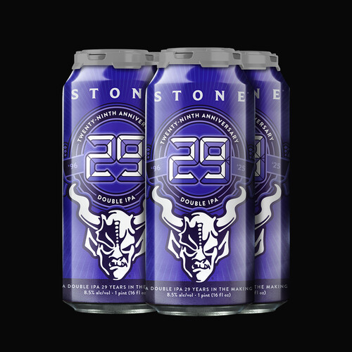 Four 16 oz cans of Stone Brewing 29th Anniversary Double IPA with purple label and gargoyle logo.