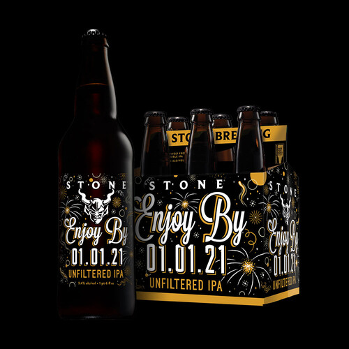 Stone Enjoy By 01.01.21 Unfiltered IPA bottle and six-pack