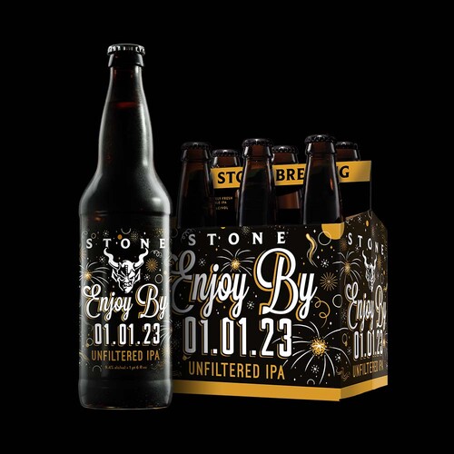 Stone Enjoy By 01.01.23 Unfiltered IPA bottle and six-pack