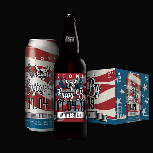 Stone Enjoy By 07.04.19 Unfiltered IPA can, bottle and six-pack