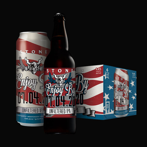 Stone Enjoy By 07.04.20 Unfiltered IPA can, bottle and six-pack