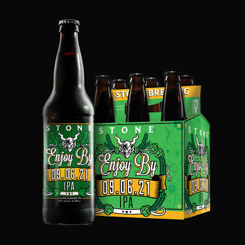 Stone Enjoy By 09.06.21 IPA bottle and six-pack