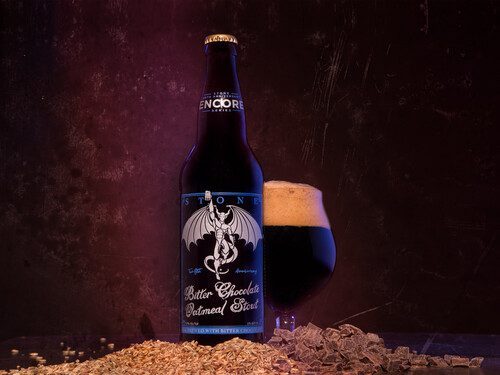 20th Anniversary Encore Series: Stone 12th Anniversary Bitter Chocolate Oatmeal Stout bottle and glass