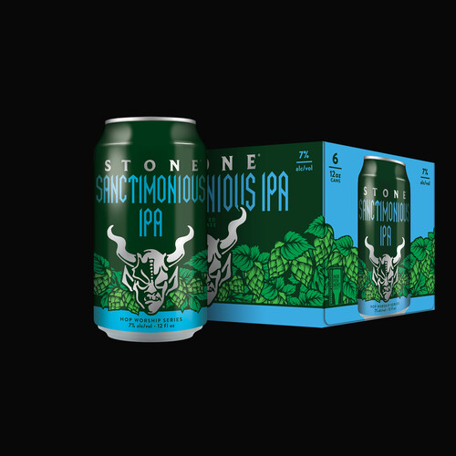 Stone Sanctimonious IPA can and six-pack