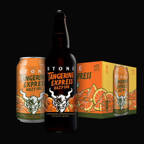 Stone Tangerine Express Hazy IPA can, bomber and six-pack