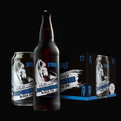 Stone Sublimely Self-Righteous Black IPA bottle, can & six-pack