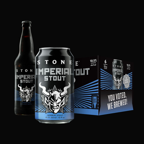 Stone Imperial Stout bottle, can and six-pack