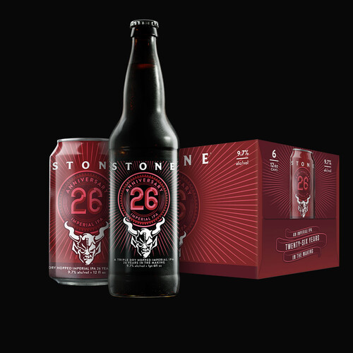 Stone 26th Anniversary Imperial IPA can, bottle and six-pack