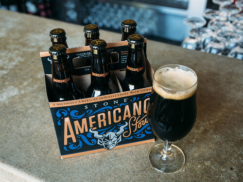 Stone Americano Stout glass and six-pack