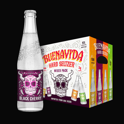 Buenavida Hard Seltzer - Black Cherry bottle and mixed-pack