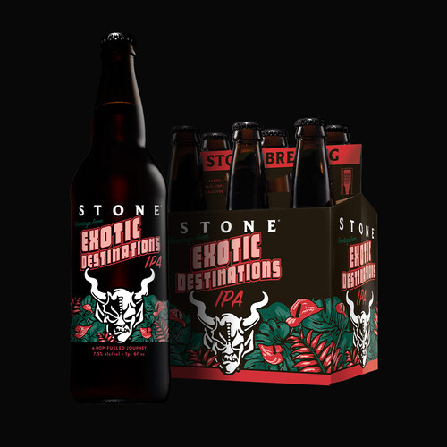 Stone Exotic Destinations IPA bottle and six-pack