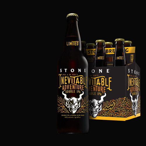 Stone Loral & Dr. Rudi's Inevitable Adventure Double IPA bottle and six-pack