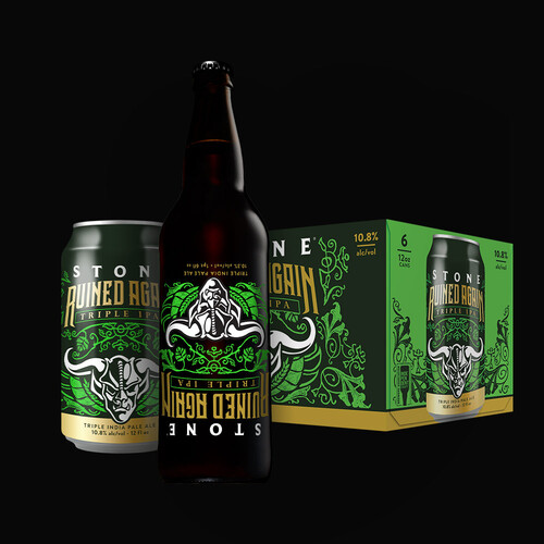 Stone Ruined Again Triple IPA bottle, can and six-pack
