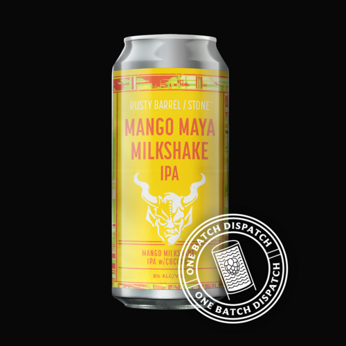 Rusty Barrel / Stone Mango Maya Milkshake IPA can and one batch dispatch logo