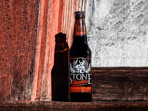 Stone Pataskala Red X IPA bottle on a sill