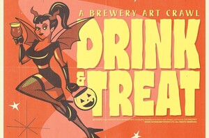 A brewery art crawl: Drink & Treat. Retro cartoon illustration of a horned she-devil with bat wings, raising a goblet of beer and carrying a jack-o’-lantern candy pail.