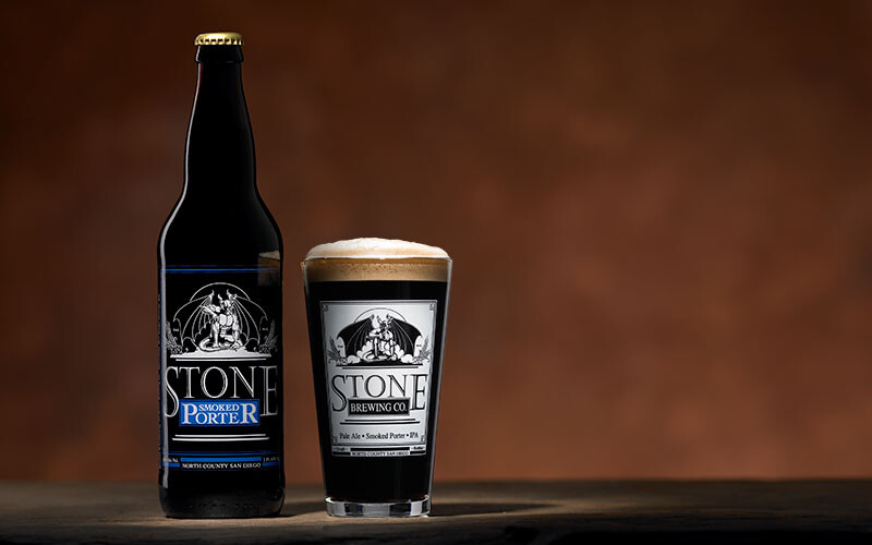 Stone smoked porter bottle and glass