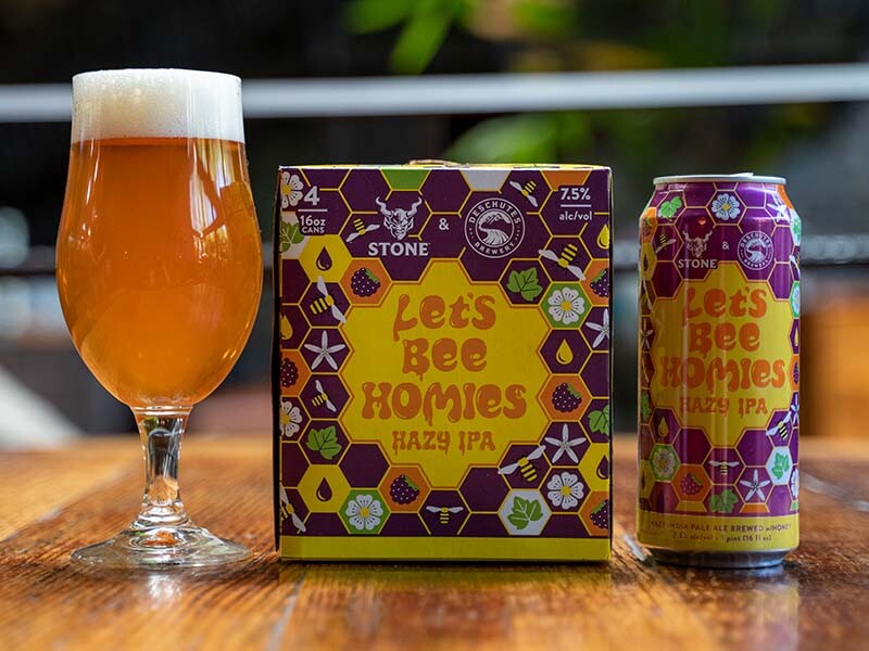 Deschutes Brewery / Stone Let’s Bee Homies Hazy IPA can, 4-pack and glass
