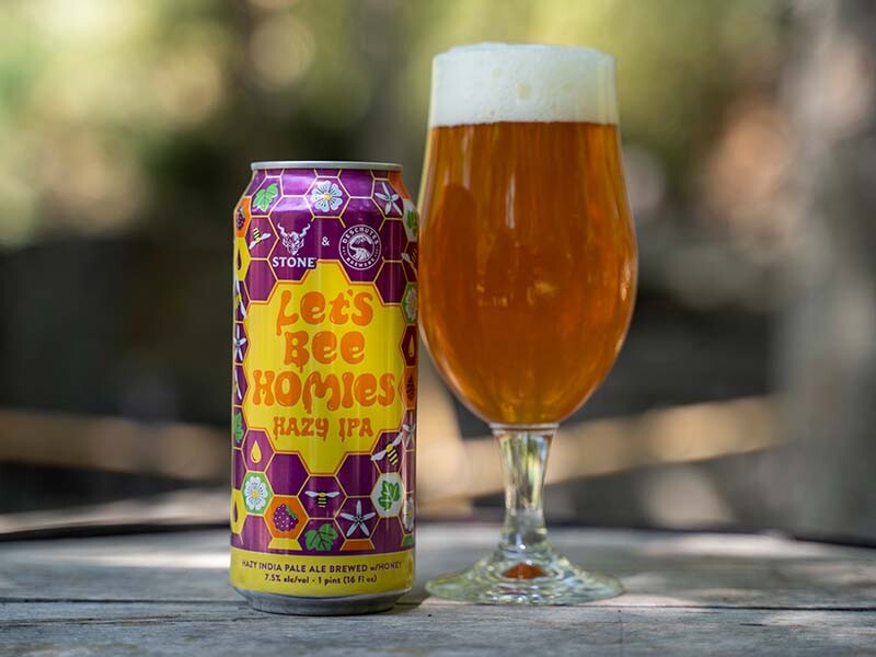 Deschutes Brewery / Stone Let’s Bee Homies Hazy IPA can and glass