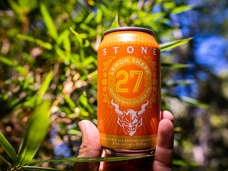 Can of Stone 27th Anniversary Lemon Shark Double IPA in leaves