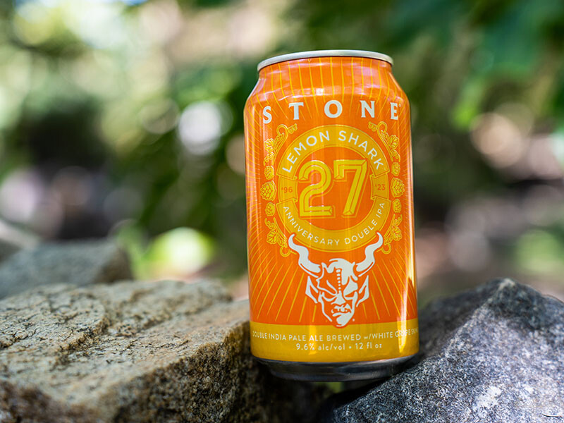 can of Stone 27th Anniversary Lemon Shark Double IPA on a rock