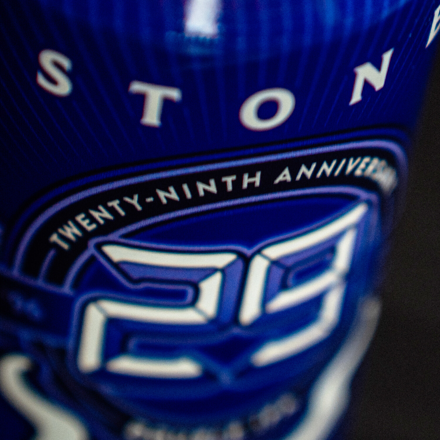 Stone Brewing 29th Anniversary Double IPA in purple 16oz can with gargoyle logo